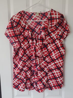 Banana Republic Red Navy and White Geometric Ruffle Blouse